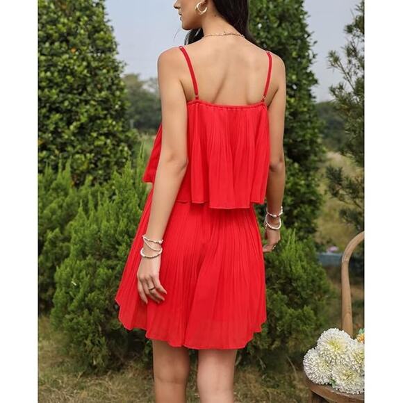 EXLURA Women's Red Spaghetti Strap Pleated romper Size Large - Picture 3 of 8